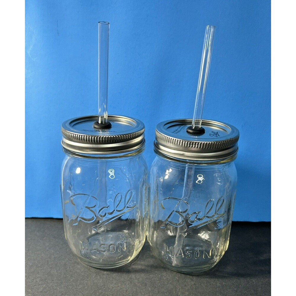 BALL Wide Mouth Mason Jar Style Glass Drinking Jar with Straws, set of 2
